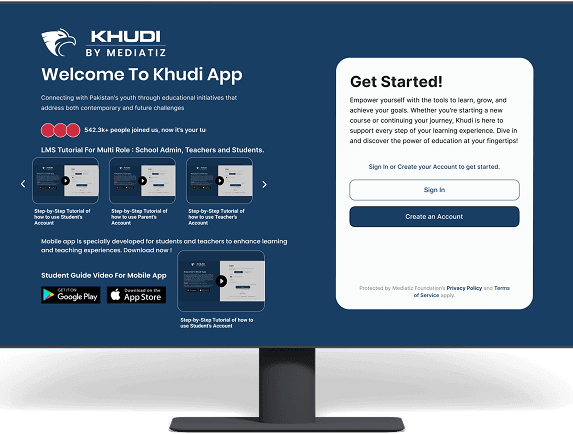 Khudi App welcome and get started screen on a desktop monitor