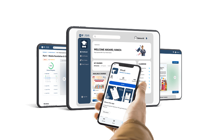 Khudi App shown on a tablet and phone